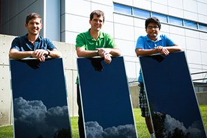 Scarpulla (pictured, center) and his team, which includes postdoctoral fellow Brian Simonds (pictured, left), graduate student Sudhajit Misra (pictured, right) and past undergraduate student Mitchell Hymas (not pictured), are developing ways to use lasers to change the composition or improve the quality of micron-thick layers of CdTe that are deposited directly on sheets of glass to produce thin-film solar panels.